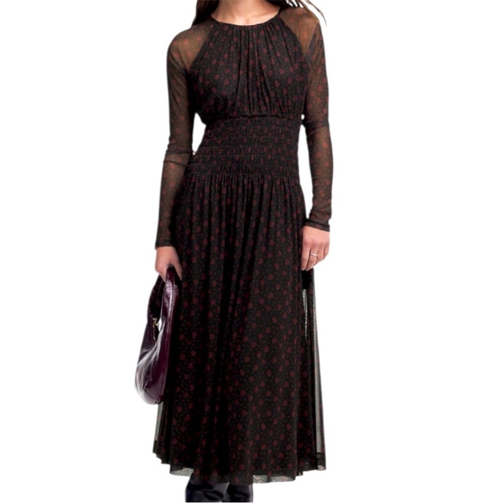 NWT Madewell Smocked Midi Dress Black Red Floral Size XS Retail $148.00